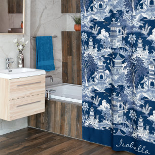 Chinoiserie Asiatische Landschaftsmalerei Blau Wei Duschvorhang