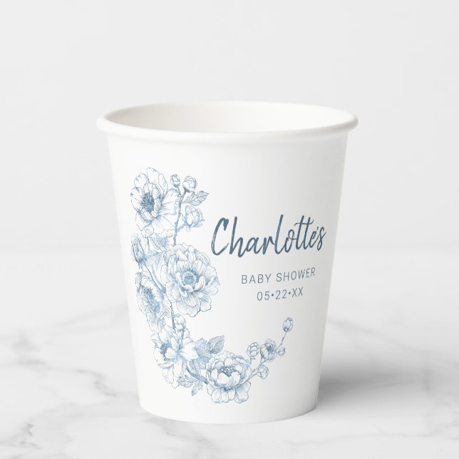 Chinoiserie Baby Showups - Dusty Blue Floral Pappbecher (Vorderseite)