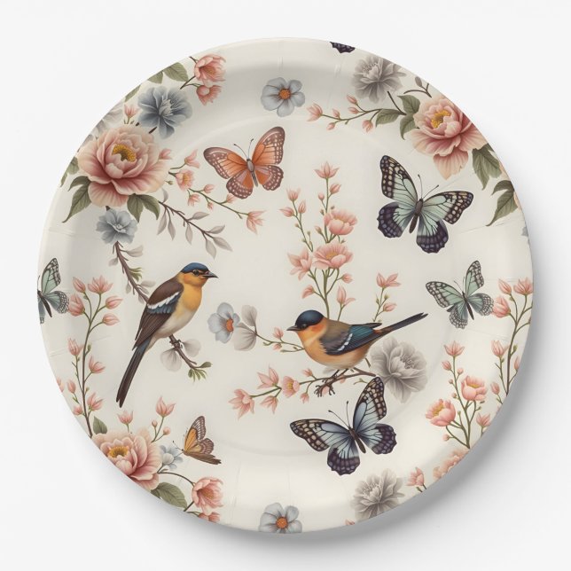 Chinoiserie Bird and Butterfly Harmonie Pappteller (Vorderseite)