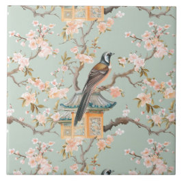 Chinoiserie Bird & Blossom Blush Sage Ceramic Tile Fliese