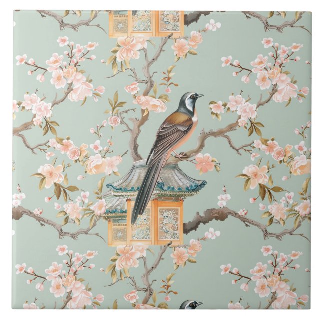 Chinoiserie Bird & Blossom Blush Sage Ceramic Tile Fliese (Vorderseite)