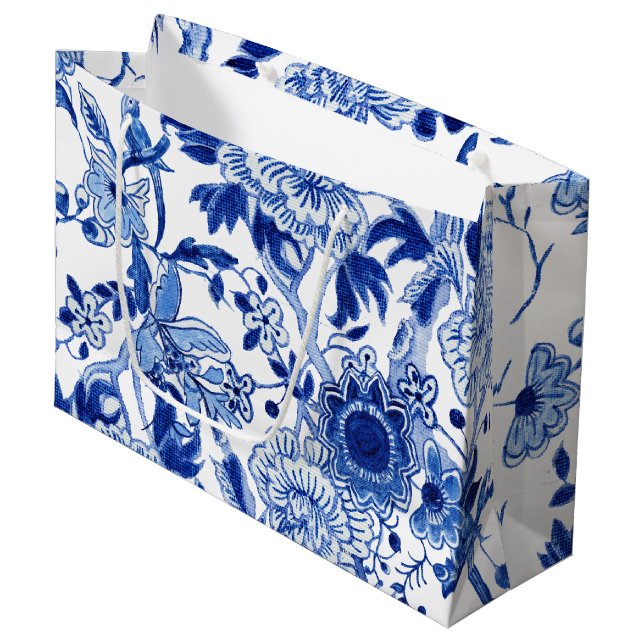 Chinoiserie Bird Floral Blau Weißes Brautparty Große Geschenktüte