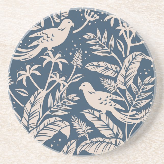 Chinoiserie Bird Floral Blauen Grau & Elfenbein Getränkeuntersetzer (Vorne)