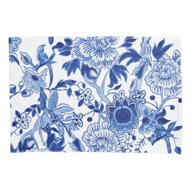 Chinoiserie Bird Floral Blue und White Folies Kuns Kissenbezug (Vorderseite)