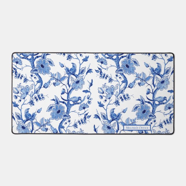 Chinoiserie Bird Floral Blue und White Office Schreibtischunterlage (Vorderseite)