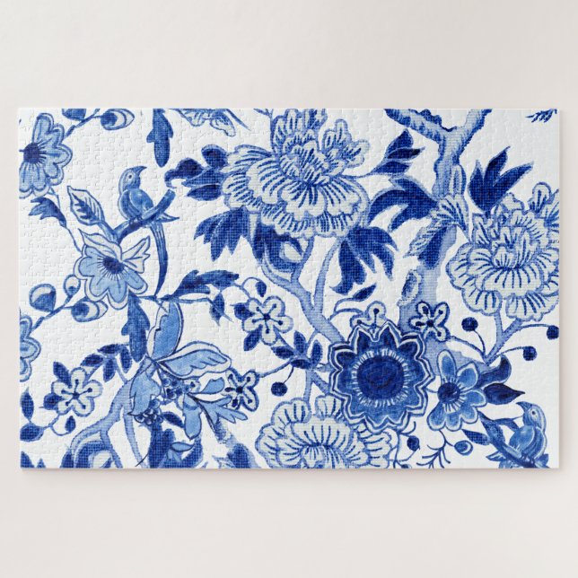 Chinoiserie Bird Floral Blue und White Tree Peony Puzzle (Horizontal)