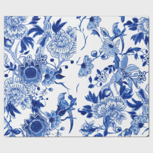 Chinoiserie Bird Floral Blue White Decoupage Geschenkpapier