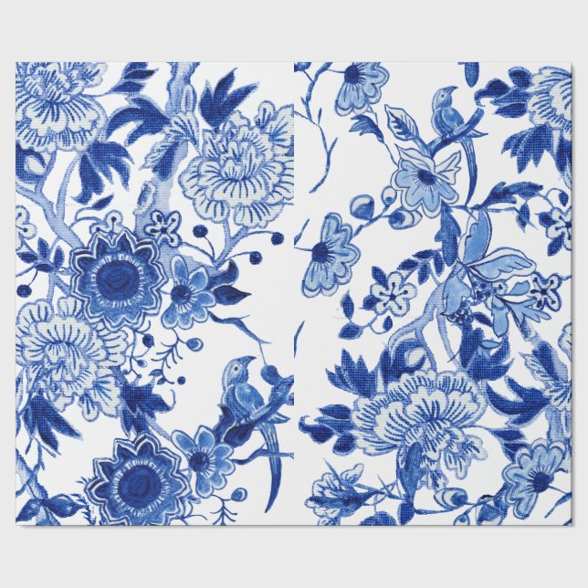 Chinoiserie Bird Floral Blue White Decoupage Geschenkpapier (Saum)