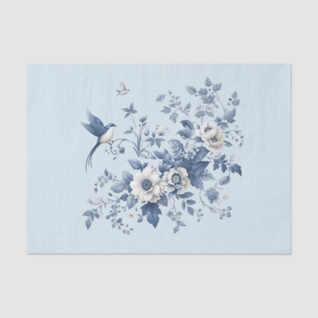 Chinoiserie Bird und Floral Blue Seidenpapier (Vorderseite)