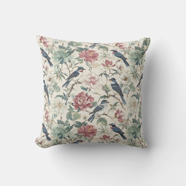 Chinoiserie Birds and Peony Floral Design Kissen (Vorderseite)
