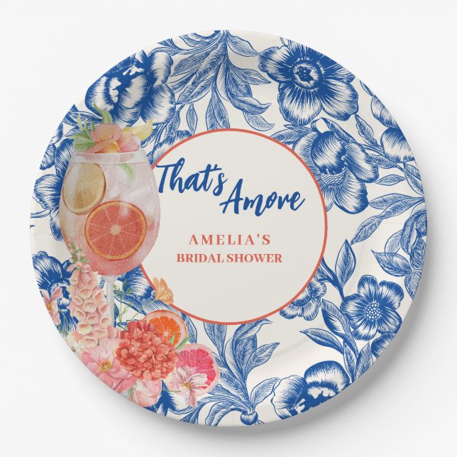 Chinoiserie Blau Blütenblume Thai Amore Brautparty Pappteller (Vorderseite)