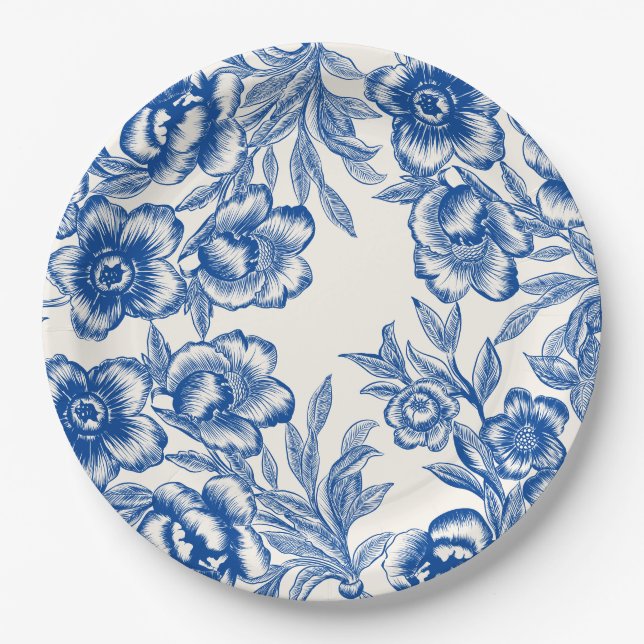 Chinoiserie Blau Blütenblume Thai Amore Brautparty Pappteller (Vorderseite)
