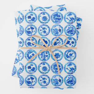 Chinoiserie Blau Teller Muster Geschenkpapier Set