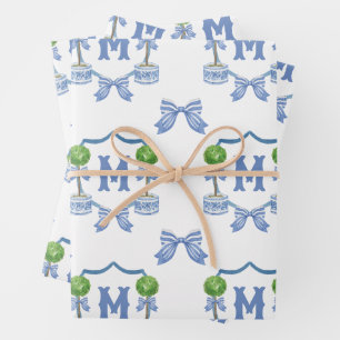 Chinoiserie Blau Topiary Monogram Wappen Geschenkpapier Set