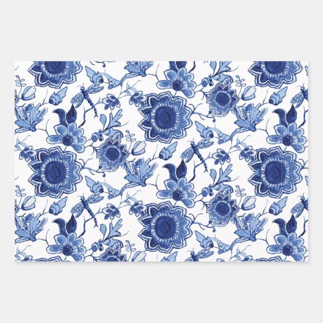 Chinoiserie Blau und Weiß Asiatische Dekoute Geschenkpapier Set (Vorderseite)