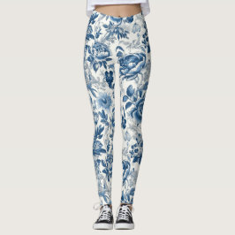 Chinoiserie Blau- und Weißspitzen Blume Leggings