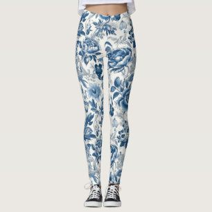 Chinoiserie Blau- und Weißspitzen Blume Leggings