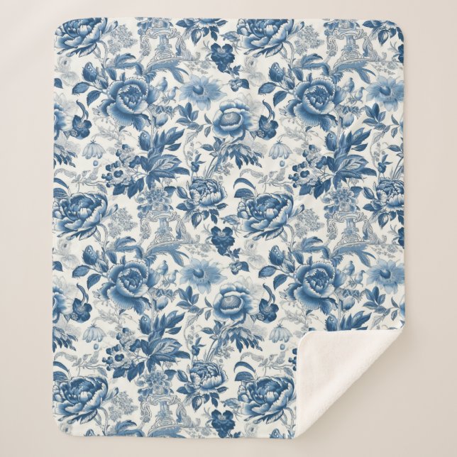 Chinoiserie Blau- und Weißspitzen Blume Sherpadecke (Vorderseite)