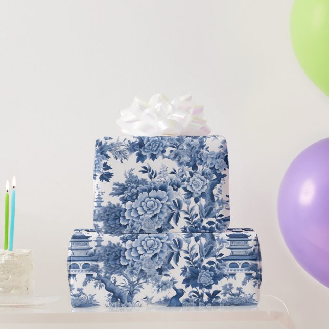 Chinoiserie Blau Weiße Blütenbilder Geschenkpapier (Partygeschenke)