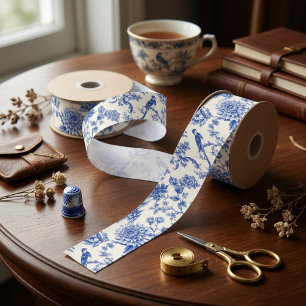 Chinoiserie Blau-Weiße Florale Vintage-Pagode Satinband