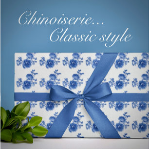 Chinoiserie Blau Weiße Rosen Blumengeschenkpapier Geschenkpapier