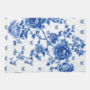 Chinoiserie Blau Weiße Schmetterlingsrosen  Geschirrtuch