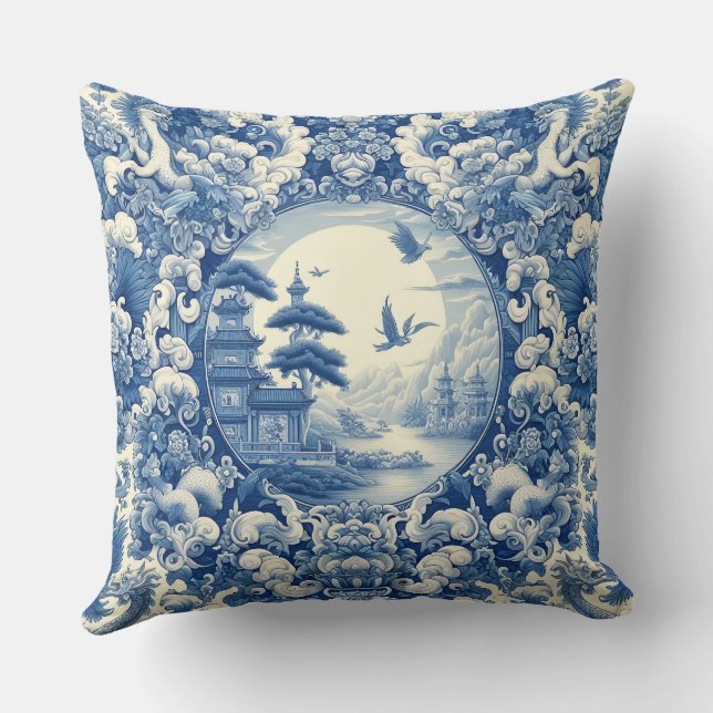 Chinoiserie Blau Weißes Asien Pagoda Kissen (Rückseite)