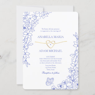Chinoiserie Blaue Blumen Gold Herz Hochzeit Einladung