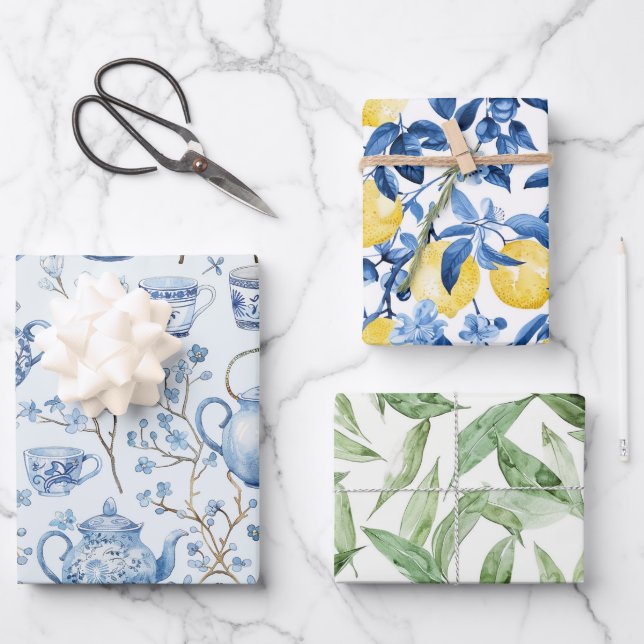 Chinoiserie Blaue Blumenelemente Zitronen Blatt Br (Vorderseite)