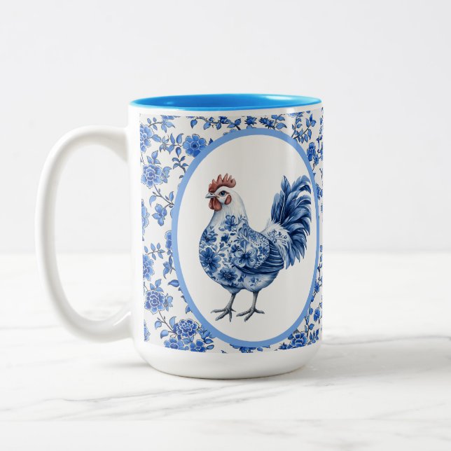 Chinoiserie Blaue Blüte mit Rooster Zweifarbige Tasse (Links)