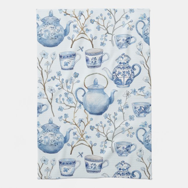 Chinoiserie Blaue Florale Hochzeitsfeier Geschirrtuch (Vertikal)