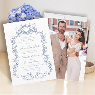 Chinoiserie blaue Foto-Save-the-Date-Karte Einladung