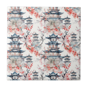 Chinoiserie Blaue Pagode Rosa Blüten Floral Fliese