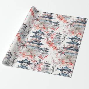 Chinoiserie Blaue Pagode Rosa Blüten Floral Geschenkpapier