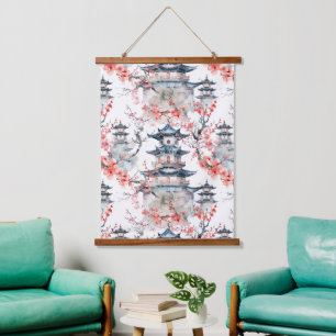 Chinoiserie Blaue Pagode Rosa Blüten Floral Wandteppich Mit Holzrahmen
