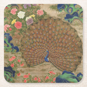 Chinoiserie Blaue Pfau mit exotischem Blumengarten Rechteckiger Pappuntersetzer