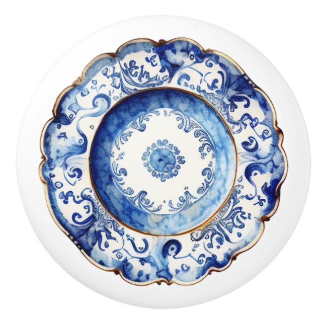 Chinoiserie Blaue Platte Keramikknauf (Vorderseite)
