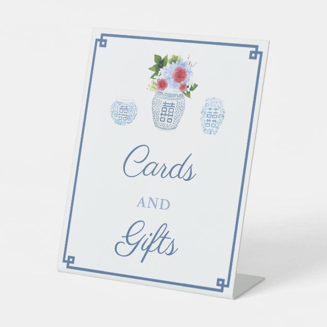 Chinoiserie Blaue und rote Karten und Geschenke Sockelschild (Vorderseite)