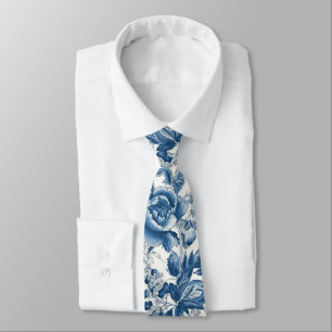 Chinoiserie Blaue und Weiße Pfingstrosen Blumen Krawatte
