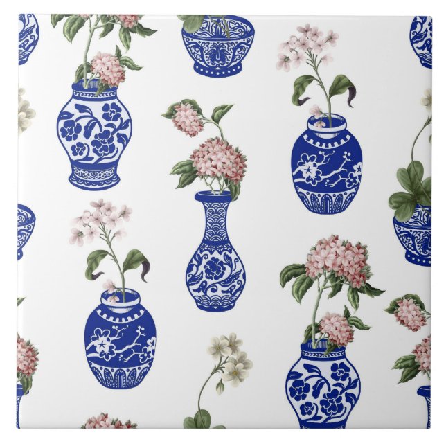 Chinoiserie blaue Vasen und Blumen  Fliese (Vorderseite)