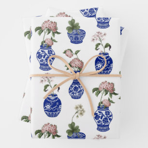 Chinoiserie blaue Vasen und Blumen  Geschenkpapier Set