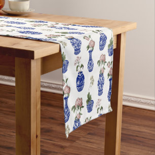 Chinoiserie blaue Vasen und Blumen Kurzer Tischläufer