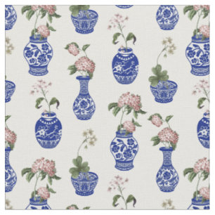 Chinoiserie blaue Vasen und Blumen Stoff
