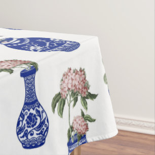 Chinoiserie blaue Vasen und Blumen Tischdecke