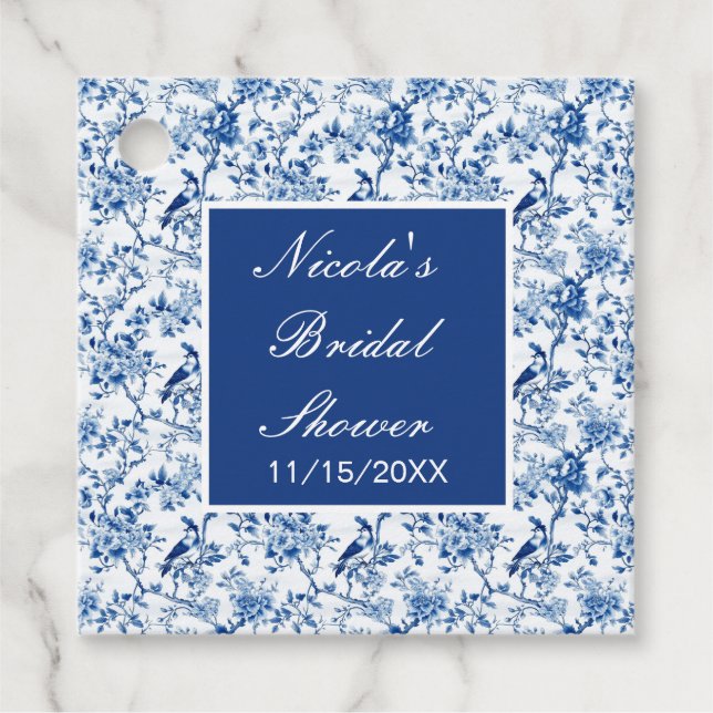 Chinoiserie Blaue Vögel und Blume Brautparty Geschenkanhänger (Vorderseite)