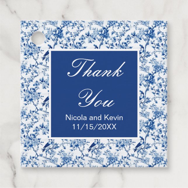 Chinoiserie Blaue Vögel und Blume Hochzeit Geschenkanhänger (Vorderseite)