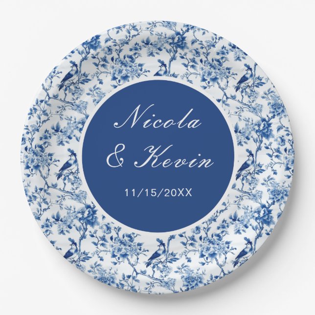 Chinoiserie Blaue Vögel und Blume Hochzeit Pappteller (Vorderseite)