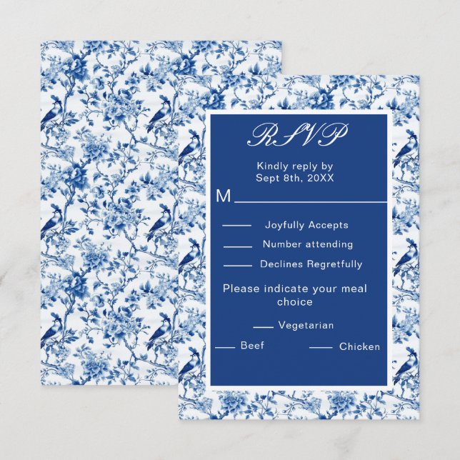 Chinoiserie Blaue Vögel und Blume Hochzeit RSVP Karte (Vorne/Hinten)