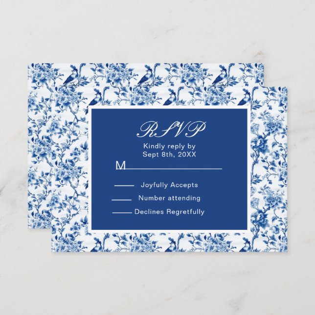 Chinoiserie Blaue Vögel und Blume Hochzeit RSVP Karte (Vorne/Hinten)