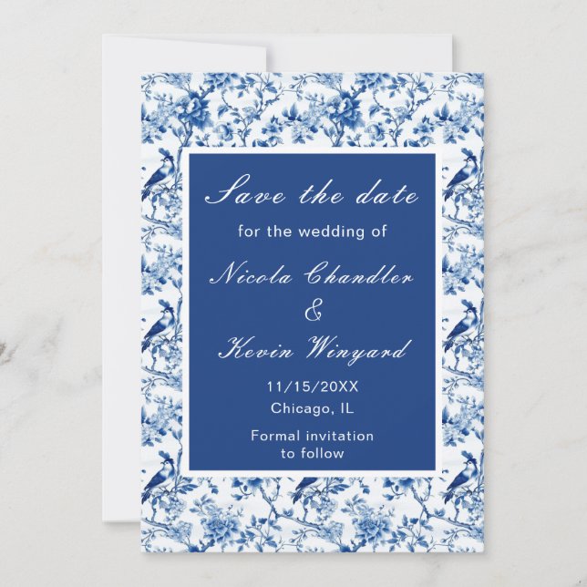 Chinoiserie Blaue Vögel und Blume Hochzeit Save The Date (Vorderseite)